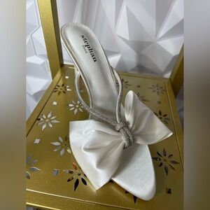 Elegant White Satin Bow Mule with Crystal Embellishment